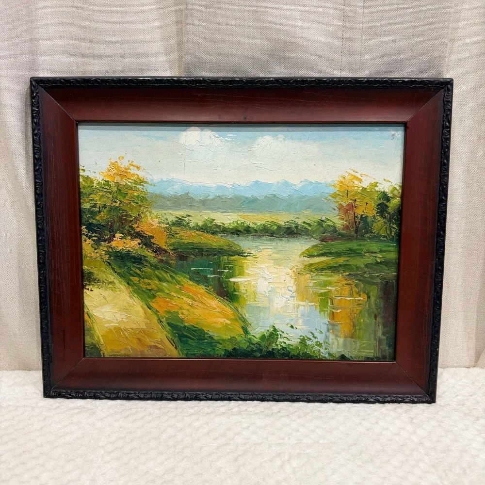Vintage Impressionist River Landscape Oil Painting in Wood Frame